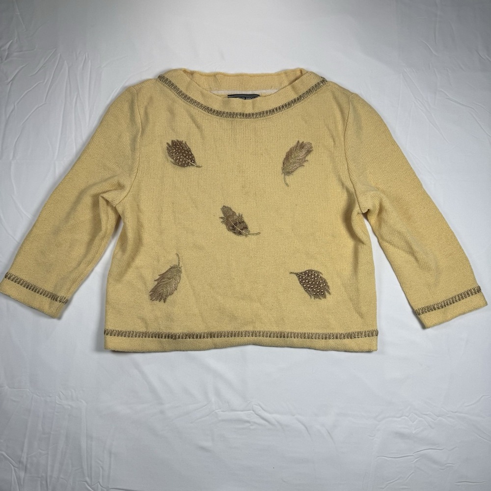 Vintage ST JOHN Crop Top Pullover 3/4 Sleeve Sweater Yellow W/ Leaves Size‎ P